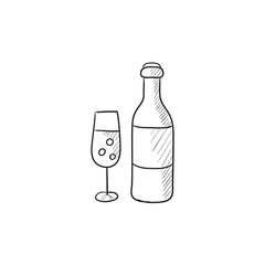 Bottle and glass of champagne sketch icon.