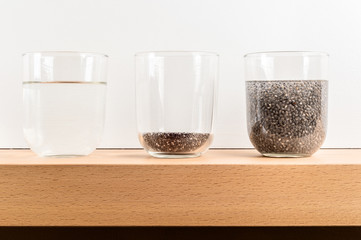 Picture showing how adding water to chia seeds form a gel texture