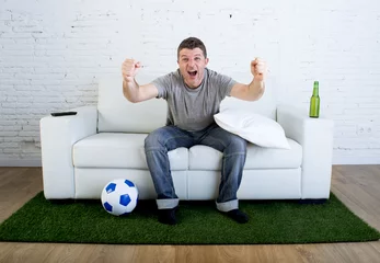 Fototapeten football fan watching tv match on sofa with grass pitch carpet celebrating goal © Wordley Calvo Stock
