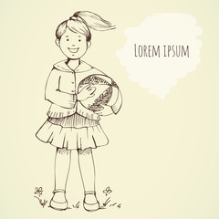 Girl playing with a ball. Drawing by hand.