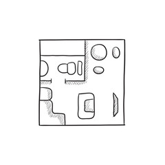 House interior with furniture sketch icon.