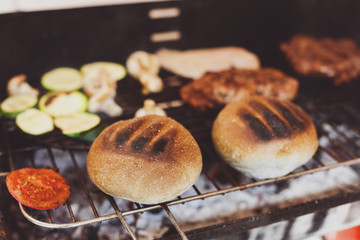 Street fast food, hamburger with bbq grilled steak