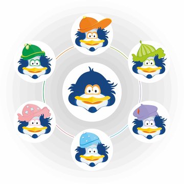 Hats for the penguin. The smile of a kind and funny cartoon penguin give a good mood for adults and children.