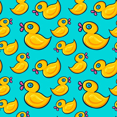 Seamless pattern with yellow rubber duck swimming.