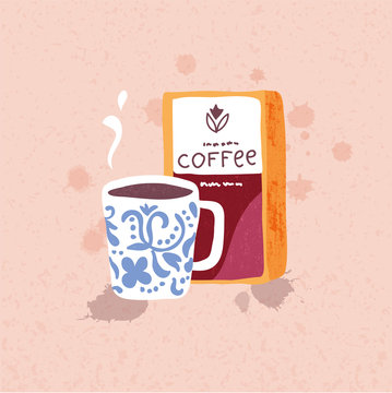 Vector illustration of hand drawn big cofee mug and coffee beans pack on the background. Swedish style.