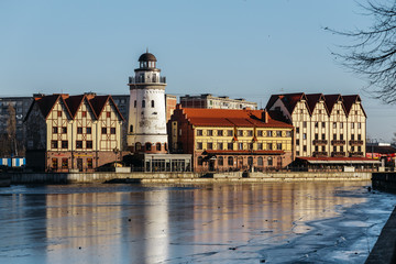 Fishing Village - ethnographic and trading-craft center in Kaliningrad. Quarter, built houses in...