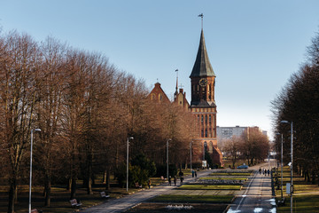 Fototapeta na wymiar Square Park sculptures leads to the Konigsberg Cathedral in Kaliningrad