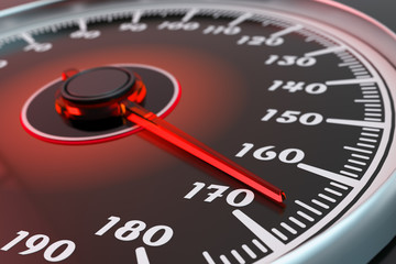 High speed, extreme speeding and drive concept, car dashboard with speedometer dial closeup view