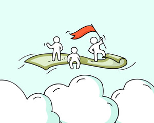 Sketch of working little people with flying dollar.