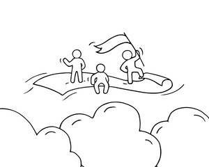 Fototapeta premium Sketch of working little people with flying dollar.