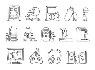 Electronic icons set of sketch working little people