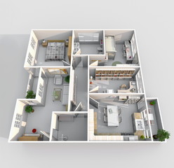 3d interior rendering perspective view of big furnished home apartment with balcony: room, bathroom, bedroom, kitchen, living-room, hall, entrance, door, window