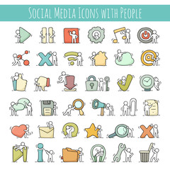 Multimedia icons set with working little people. - obrazy, fototapety, plakaty