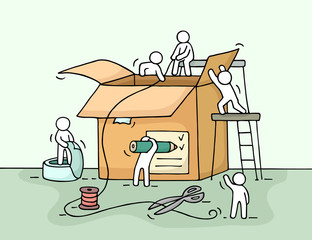 Sketch of working little people with package.