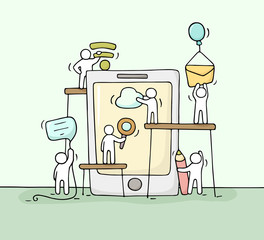 Sketch of working little people with smartphone.