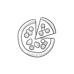 Whole pizza with slice sketch icon.