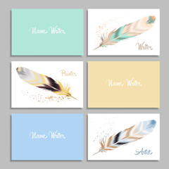 Set business card writer, artist, painter with color feather in boho style. Vector template - 112564339