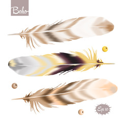 Set of color feather in boho style with beads. Vector illustration - 112564368