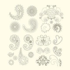Set of cute paisley pattern (Turkish cucumber) for design of fabrics, tableware, wallpaper, isolated, vector