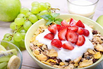 Breakfast with muesli, yogurt and fruit