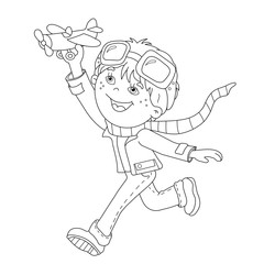 Coloring Page Outline Of cartoon boy with toy plane