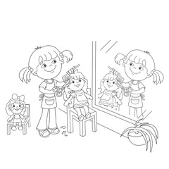 Coloring Page Outline Of girl with playing in the Barber shop