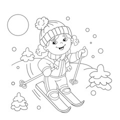 Coloring Page Outline Of cartoon girl riding on skis