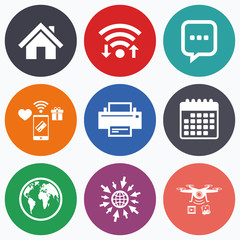 Home main page and globe signs. Printer, chat