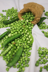 Fresh raw green beans in jute cloth