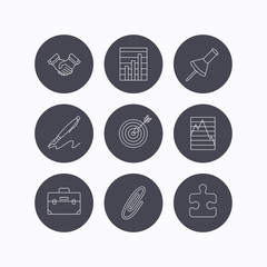 Handshake, graph charts and target icons.