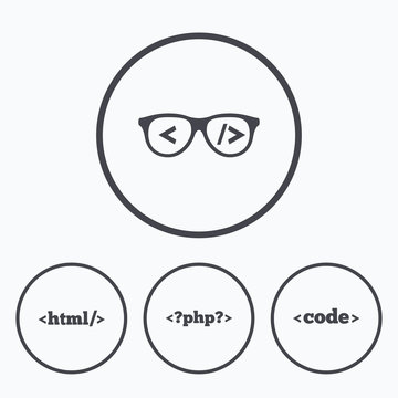 Programmer coder glasses. HTML markup language.