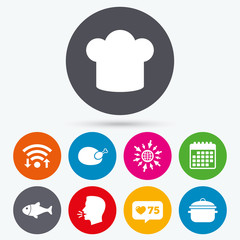 Chief hat, cooking pan icons. Fish and chicken.