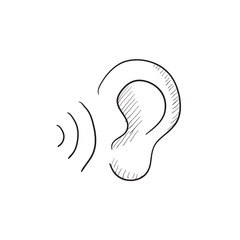 Ear and sound waves sketch icon.