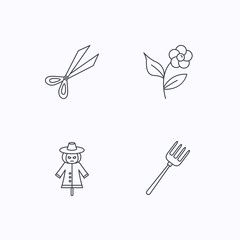 Scissors, flower and pitchfork icons.