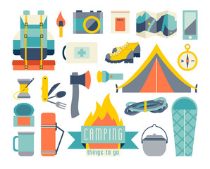 Camping icon set. Adventure hiking kit. Hiking and camping equipment.Tent camp backpack, thermos, sleeping bag cartoon.Ax, map, flashlight icon.Vector illustration isolated white background,flat style