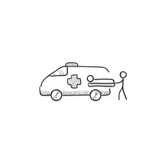 Man with patient and ambulance car sketch icon