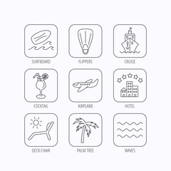 Cruise, waves and cocktail icons. Hotel sign.