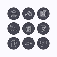 Dishwasher, kettle and mixer icons.