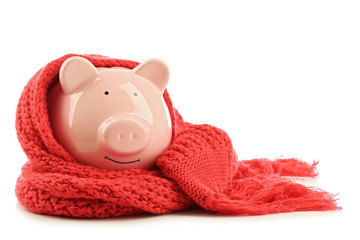 Piggy bank wearing scarf, isolated on white. Saving heating concept