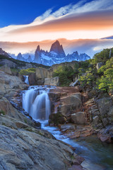 Fototapeta premium Mt Fitz Roy with a waterfall, Los Glaciares National Park, Argentina