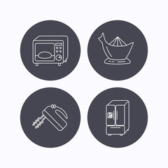 Microwave oven, American style fridge and blender icons.