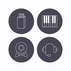 Web camera, headphones and Usb flash icons.