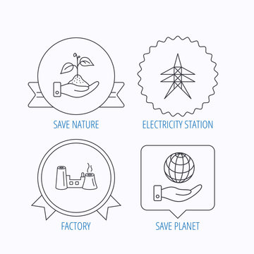 Save nature, planet and factory icons. Electricity station.