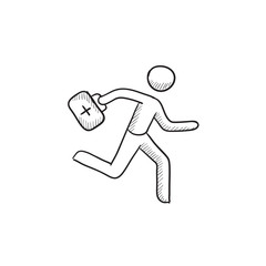 Paramedic running with first aid kit sketch icon.