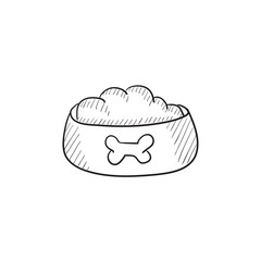 Dog bowl with food sketch icon.