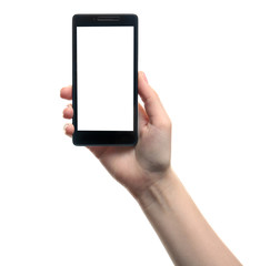 Female hand holding a smartphone on white background