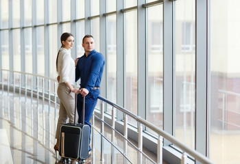 Couple in love on vacation. Couple standing in the airport.