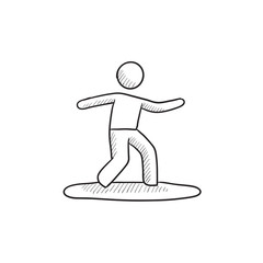 Male surfer riding on surfboard sketch icon.