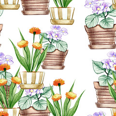 hand drawn seamless pencil illustration of flower pots on a white background 