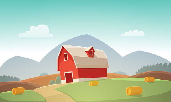 Mountain countryside landscape with red farm barn, cartoon vector illustration.